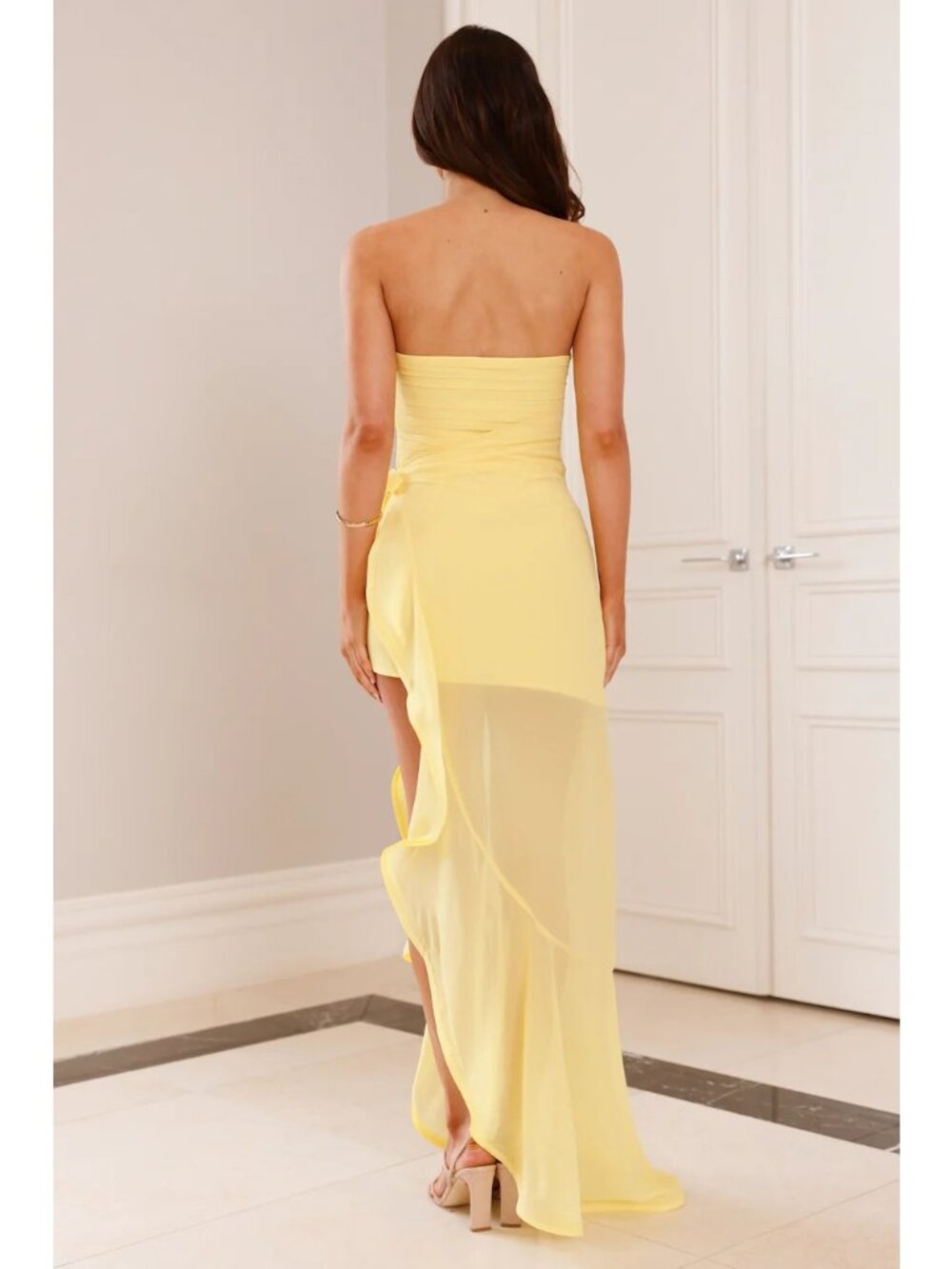 Hello Molly M Celebrating Love Maxi Dress Yellow Frill Strapless Sheer Fairycore - Picture 3 of 16